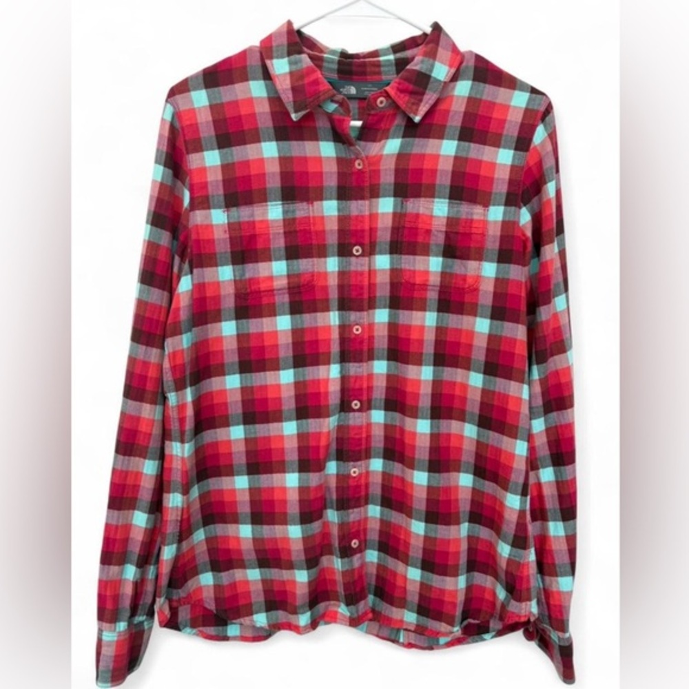 Women's North Face Plaid Flannel Button Down Large Outdoors Camping Hiking
